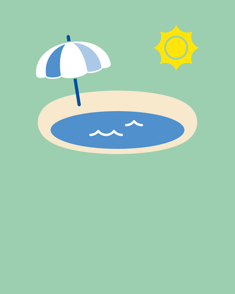 Badesee mit Strand, Sonnenschirm und Sonne.